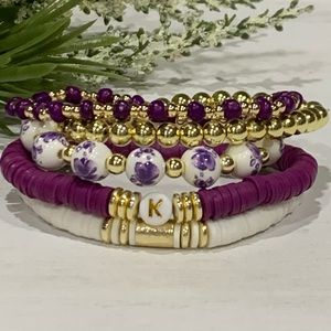 14K Gold Plated Custom Stack Bracelet - set of 5 - Purple & White